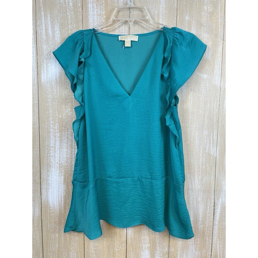 Michael Kors Women’s Size M Teal Green Silky Flutter Sleeve Ruffle V-neck Blouse